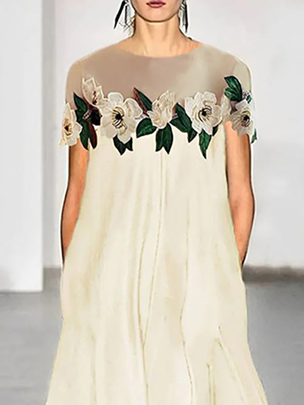 Loose Short Sleeves Flower-Embellished See-Through Split-Joint Round-neck Maxi Dresses
