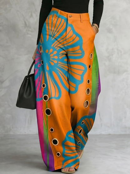 Loose Wide Leg Buttoned Contrast Color Hollow Printed Pants Trousers