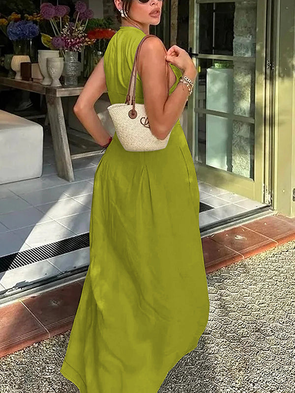 Robe longue trapèze ample à poches plissées, fermeture éclair fendue et col rond 