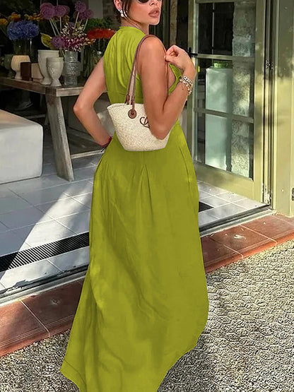 Robe longue trapèze ample à poches plissées, fermeture éclair fendue et col rond 