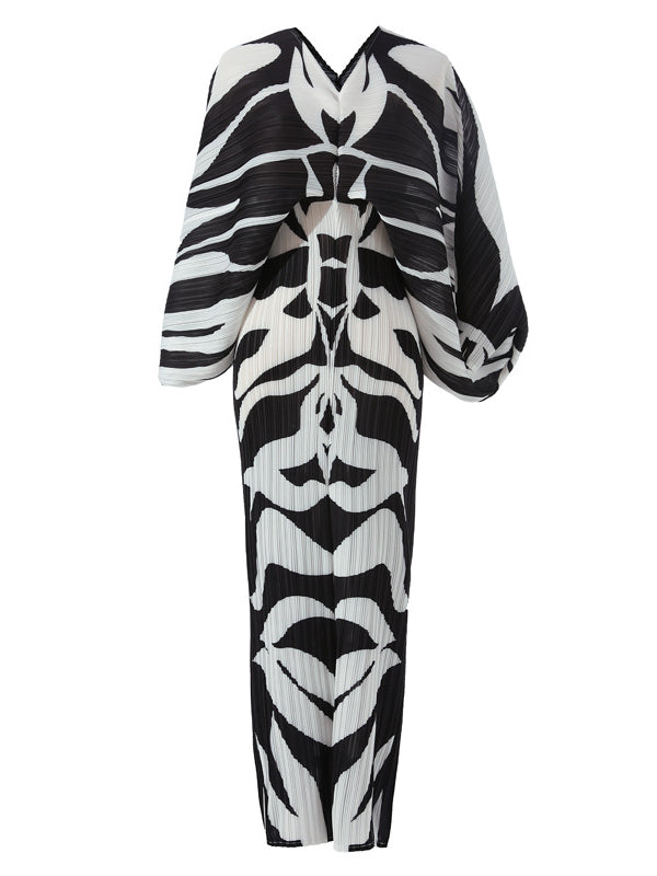 Original Batwing Sleeves Long Sleeves Contrast Color Printed Pleated V-Neck Midi Dresses
