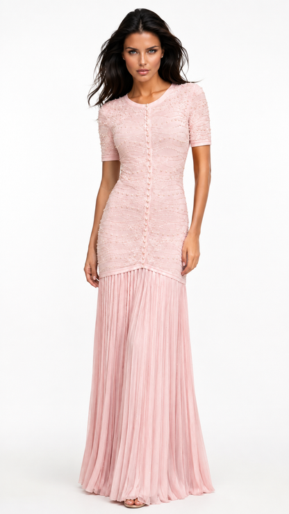 GINA Knit Pearl Embellished Pleated Maxi Dress – Elegant Beaded Gown