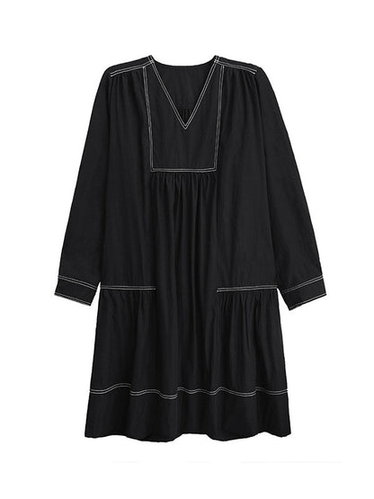 A-Line Long Sleeves Comfort Contrast Color Pleated V-Neck Mini Dresses