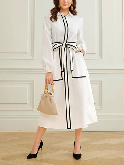 Long Sleeves Belted Buttoned Contrast Color Pockets Lapel Midi Dresses Shirt Dress