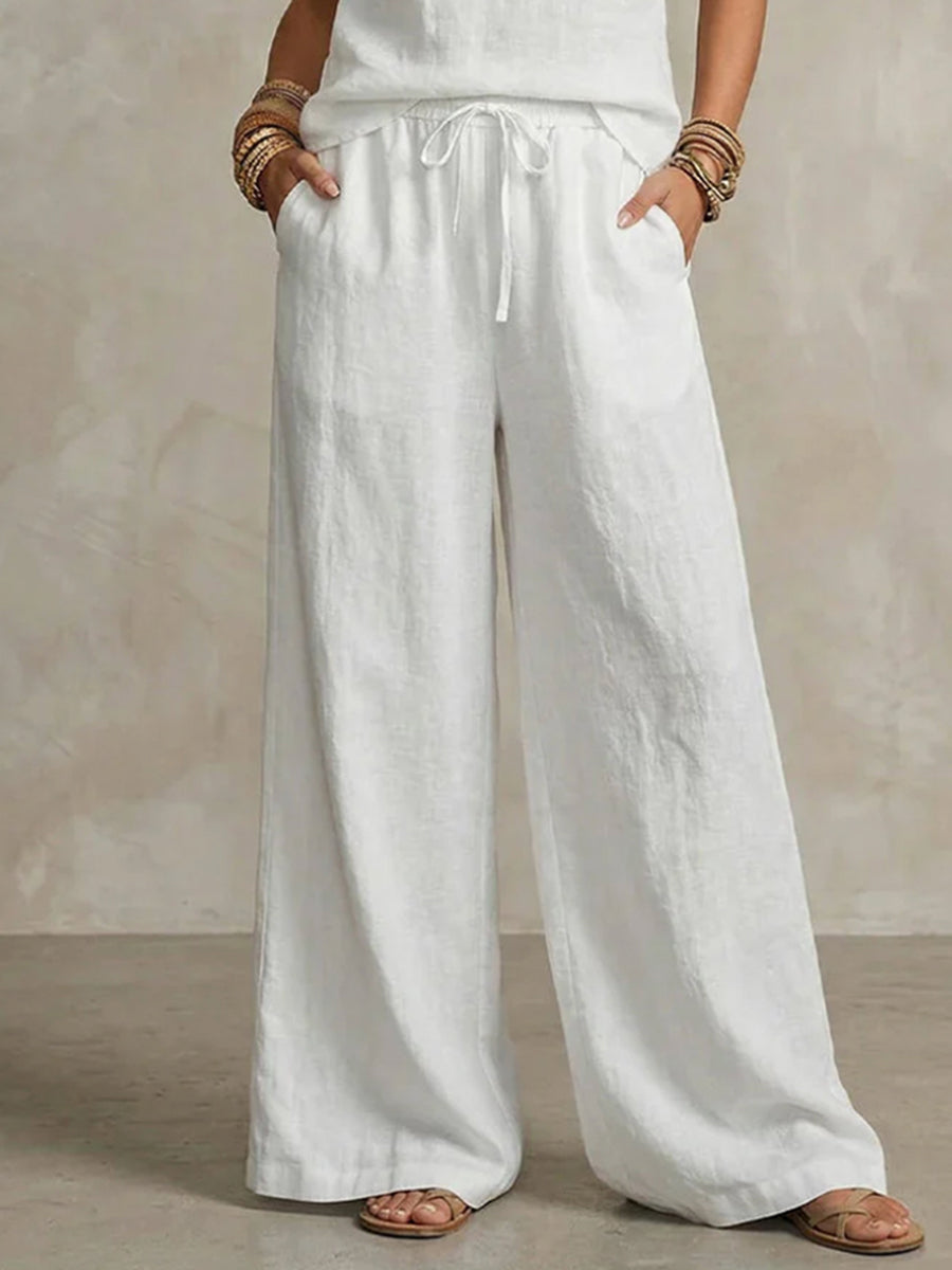 Loose Wide Leg Elasticity Pockets Solid Color Tied Pants Trousers