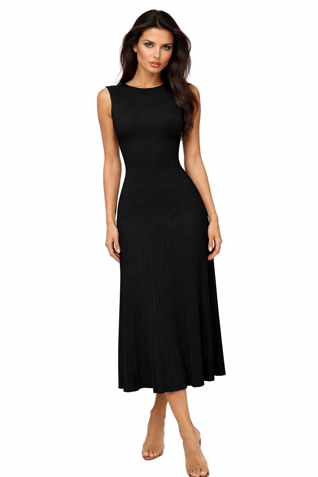 NAREL Pleated Knit Midi Dress | Elegant Sleeveless Dress NAVY