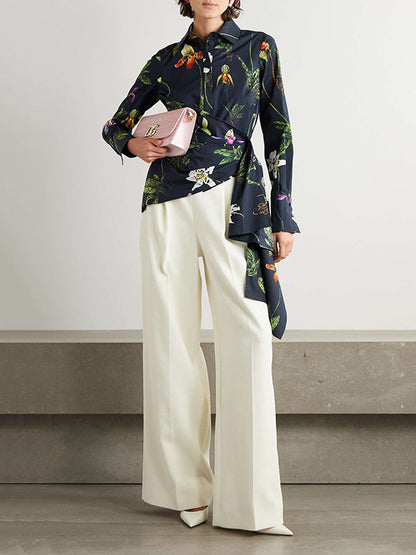 Long Sleeves Loose Asymmetric Flower Print Split-Joint Lapel Blouses&Shirts Tops