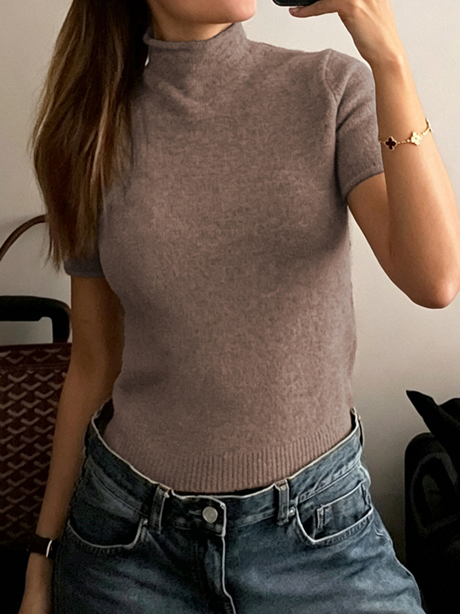 Solid Color Short Sleeves Mock Neck Sweater Tops