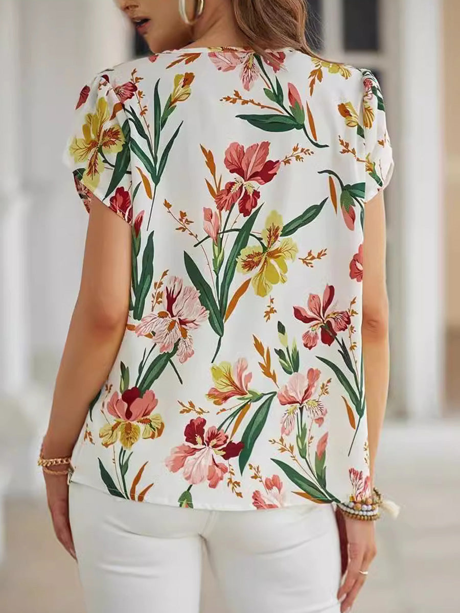 Loose Short Sleeves Contrast Color Flower Print V-Neck Blouses&Shirts Tops