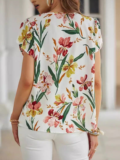 Loose Short Sleeves Contrast Color Flower Print V-Neck Blouses&Shirts Tops
