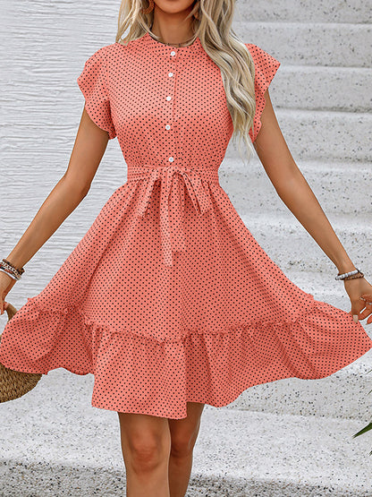 A-Linie Locker geknöpft Plissee Polka Dot Taille gebunden Rundhals Minikleider 