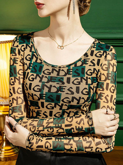 Long Sleeves Skinny Contrast Color Letter Print Round-Neck T-Shirts Tops