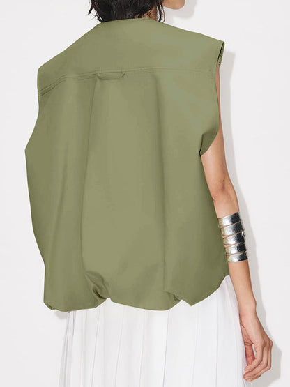 Gilet ample sans manches à poches fendues et fermeture éclair à col rond 