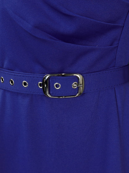 Solid Color Pleated Belted Short Sleeves Plus Size V-neck Midi Dresses