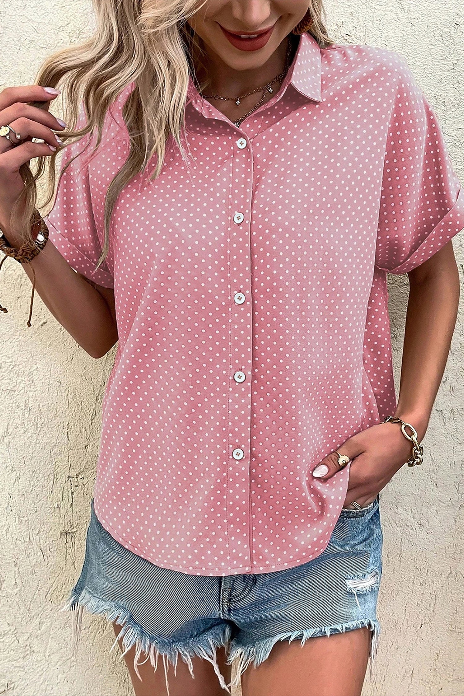 Khaki Dotted Print Cuffed Short Sleeve Shirt