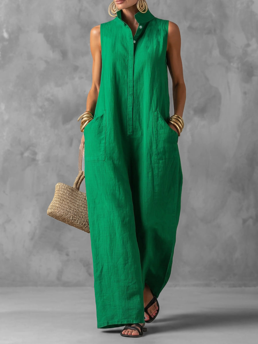 Solid Color Pockets Buttoned Wide Leg Sleeveless Stand Collar Jumpsuits