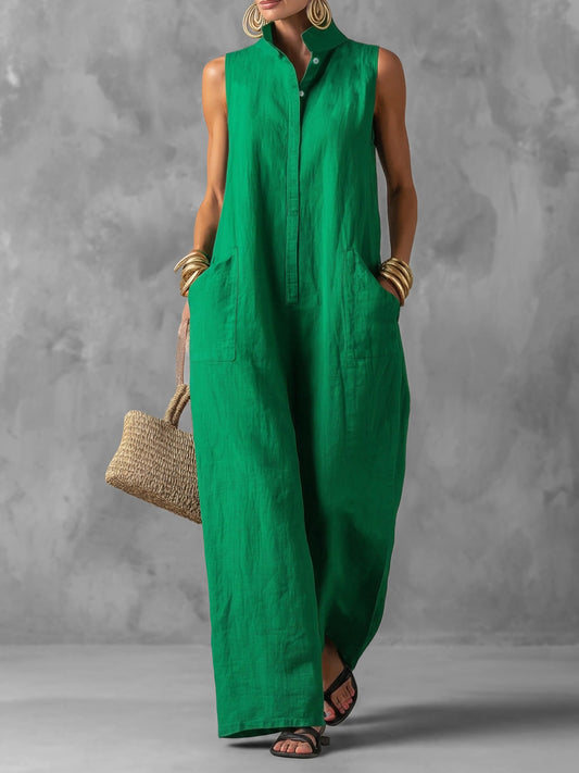 Solid Color Pockets Buttoned Wide Leg Sleeveless Stand Collar Jumpsuits