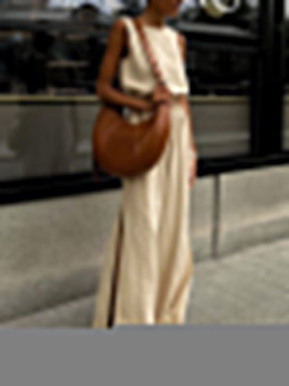 Loose Elasticity Solid Color Split-Joint Round-Neck Vest + High Waisted Split-Side Pants Two Pieces Set