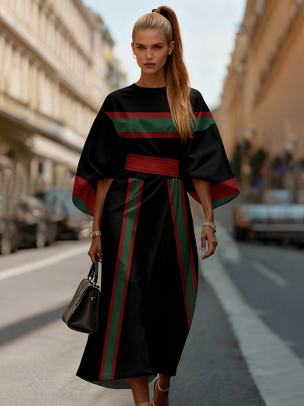 Batwing Sleeves Elasticated Waist Contrast Color Split-Joint Striped Round-Neck Midi Dresses