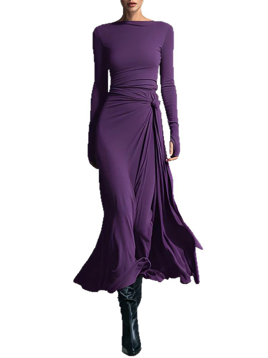 Split-Joint Solid Color Knot Asymmetric Long Sleeves Round-neck Maxi Dresses