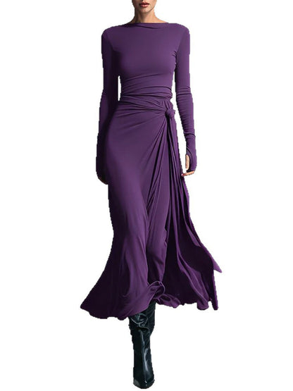 Split-Joint Solid Color Knot Asymmetric Long Sleeves Round-neck Maxi Dresses