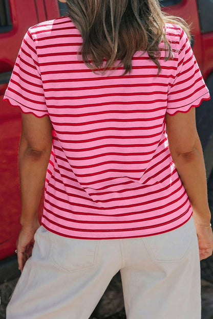 Green Stripe Scalloped Trim Round Neck T Shirt