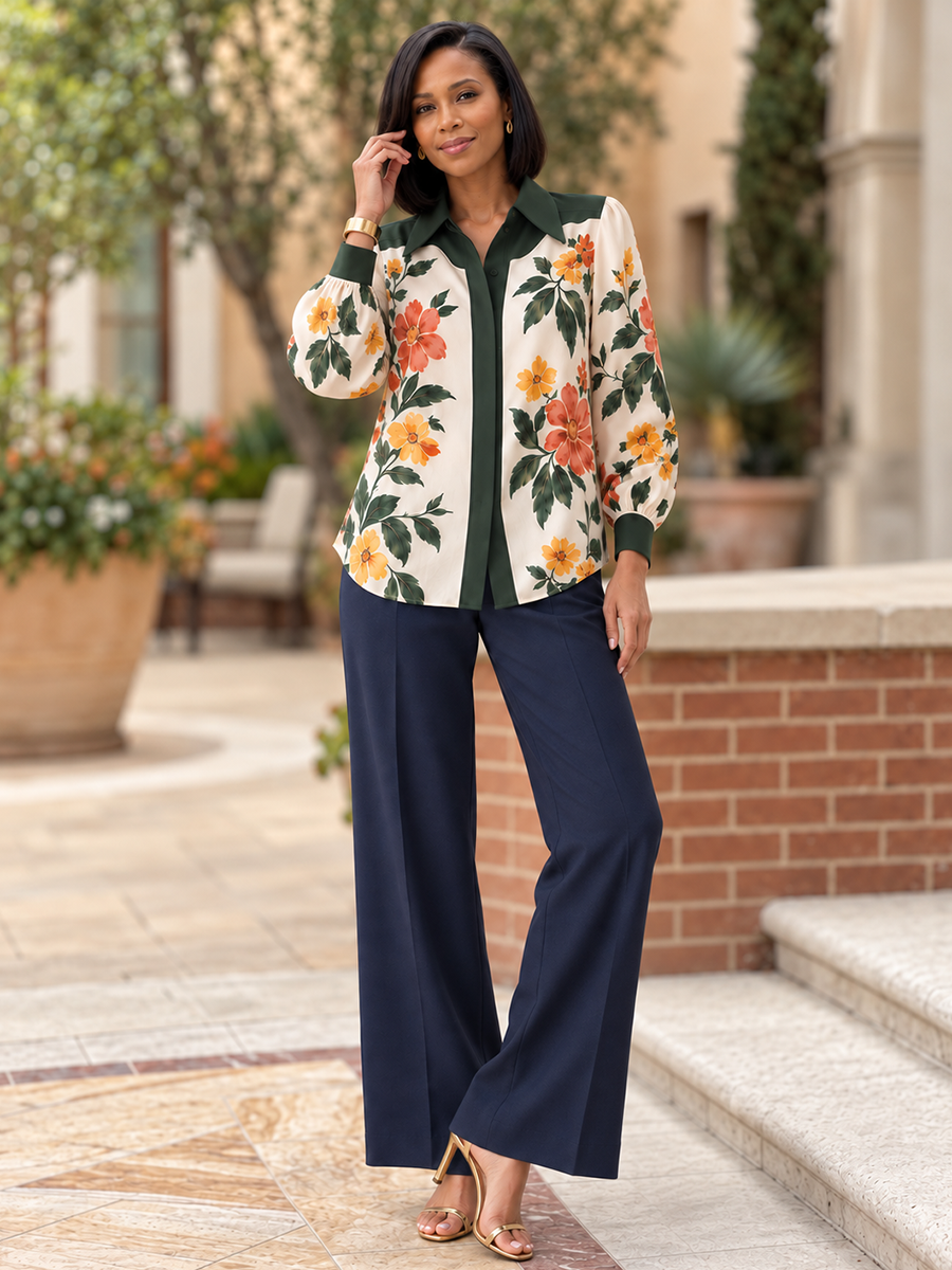 Split-Joint Flower Print Contrast Color Buttoned Long Sleeves Lapel Blouses&shirts Tops