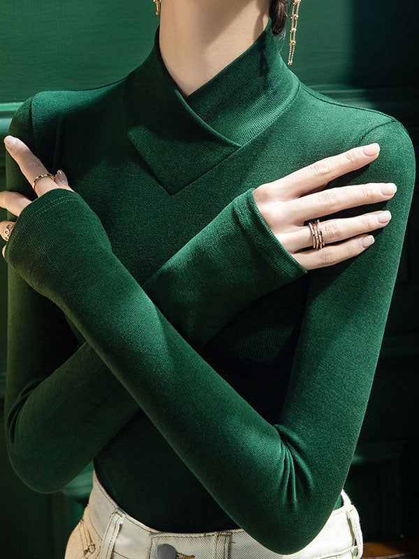 Long Sleeves Skinny Solid Color V-Neck T-Shirts Tops INK GREEN