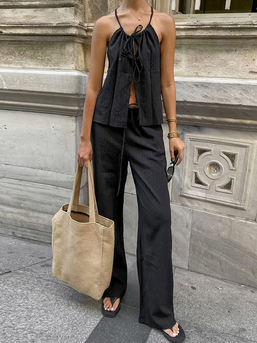 Solid Color Halter-Neck Cropped Pleated Split-Joint Tank Top + High Waisted Elasticity Tied Waist Pants Trousers Two Pieces Set