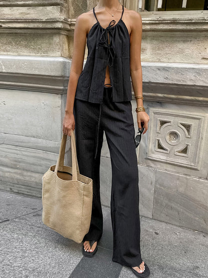 Solid Color Halter-Neck Cropped Pleated Split-Joint Tank Top + High Waisted Elasticity Tied Waist Pants Trousers Two Pieces Set