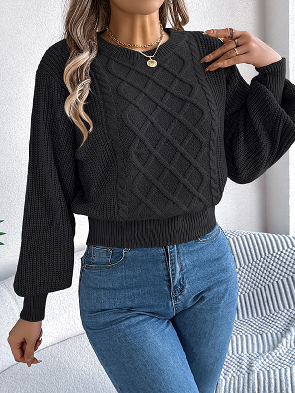 Elasticated Waist Long Sleeves Cable Knit Solid Color Round-Neck Knit Top Sweater Tops