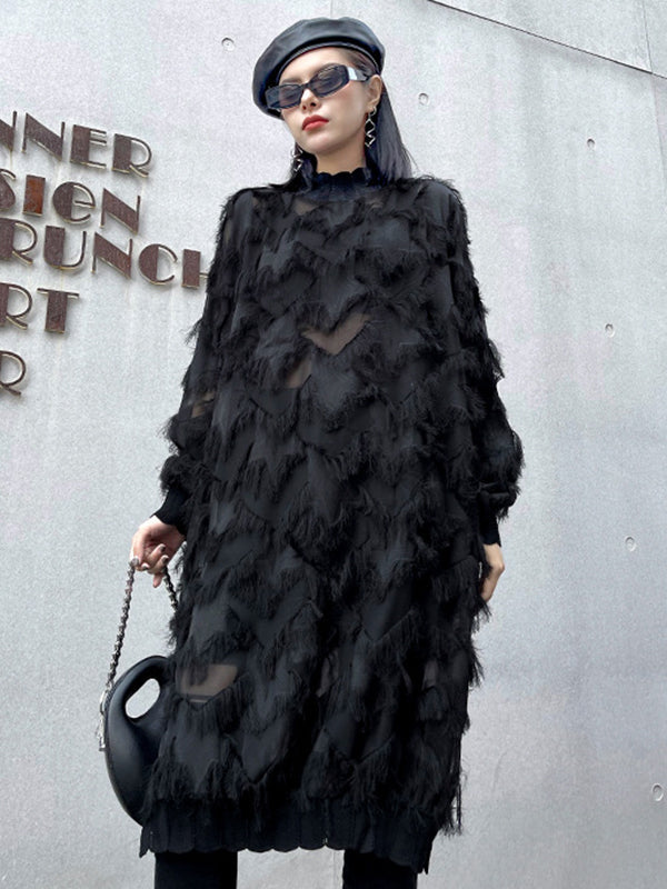 Irregularity Long Sleeves Asymmetric Mesh Pockets See-Through Solid Color Split-Joint Tasseled Stand Collar Midi Dresses