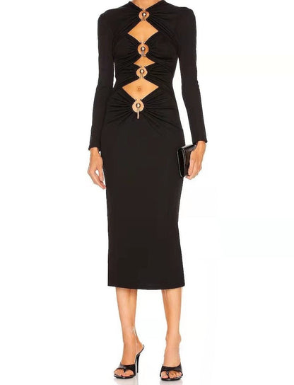 ADELAIDA Long Sleeve Cut Out Rings Bandage Dress