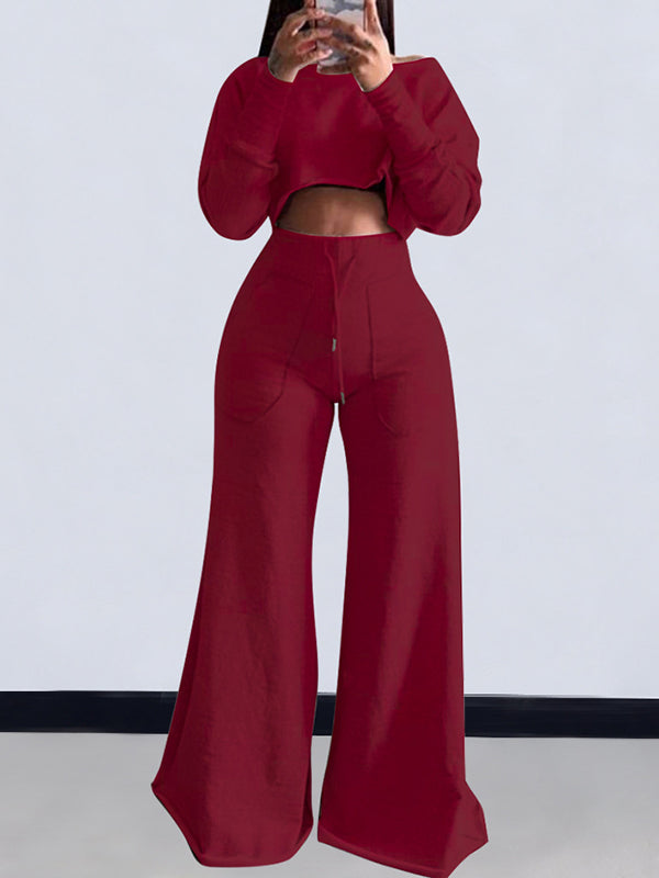 Loose Solid Color Long Sleeves T-Shirt + Drawstring Wide Leg Pants Trousers Two Pieces Set