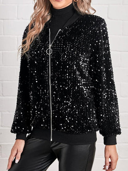 Long Sleeves Loose Sequined Solid Color Split-Joint Round-Neck Jackets Outerwear