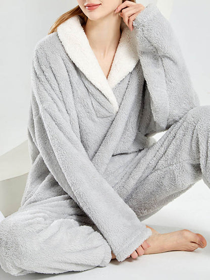 Coral Fleece Split-Joint V-Neck + Pants Pajama Two Pieces Set