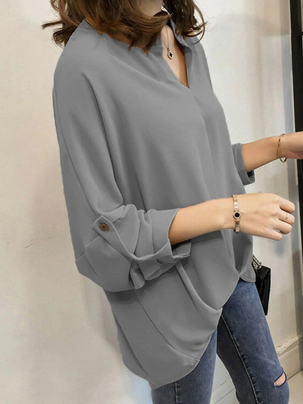 Casual Long Sleeves Loose Solid Color V-Neck Blouses&Shirts Tops