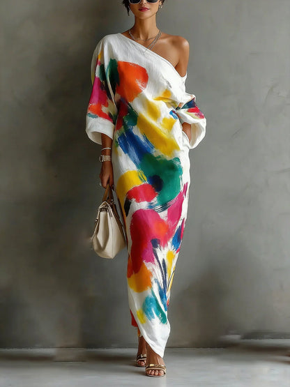 Long Sleeves Loose Asymmetric Contrast Color Pockets Printed One-Shoulder Maxi Dresses