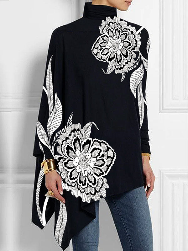 Batwing Sleeves Loose Asymmetric Floral Printed Split-Joint High Neck T-Shirts