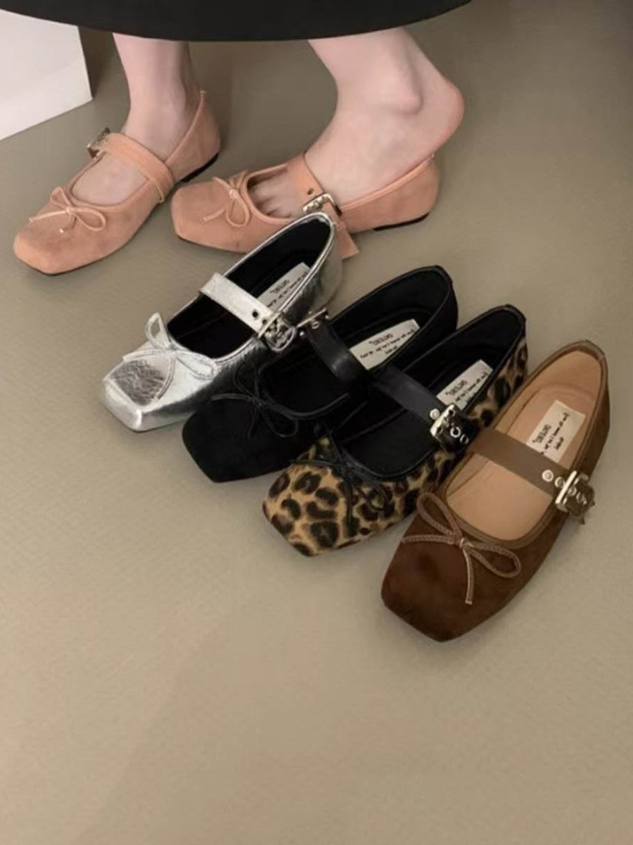Bow-Embellished Buckle Split-Joint Square-Toe Sandals