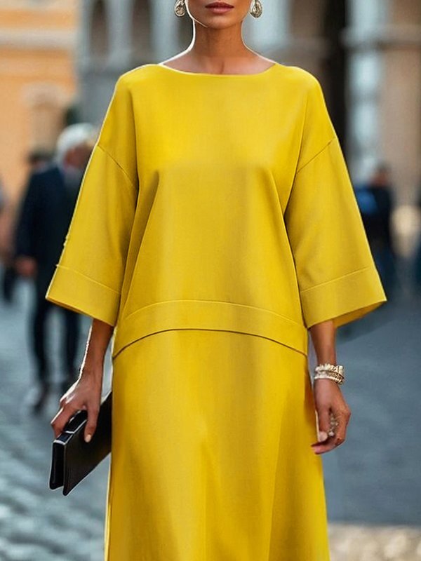 A-Line Long Sleeves Solid Color Split-Joint Round-Neck Midi Dresses