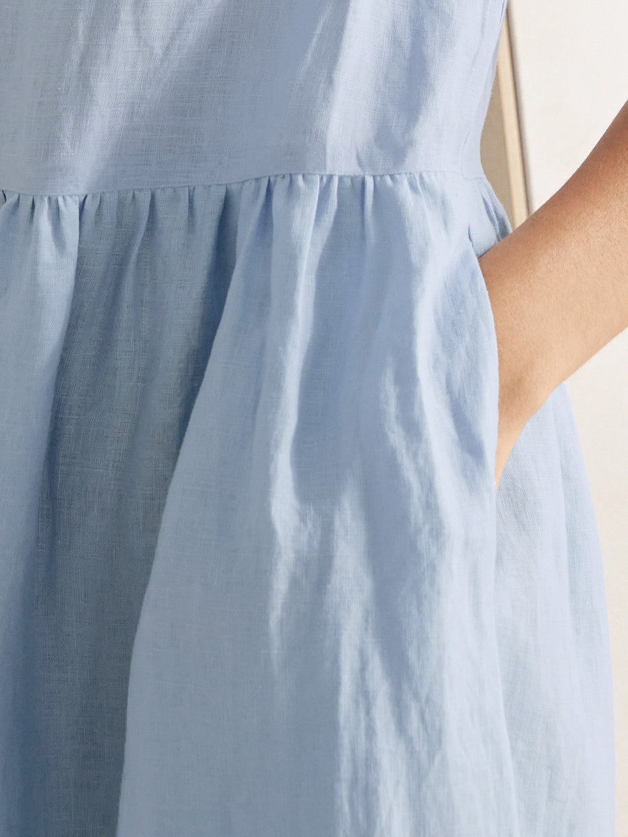 Half Sleeves Loose Pleated Pockets Solid Color Round-Neck Midi Dresses