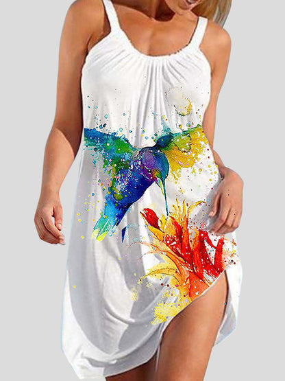 A-Line Loose Animal Printed Pleated Spaghetti-Neck Mini Dresses