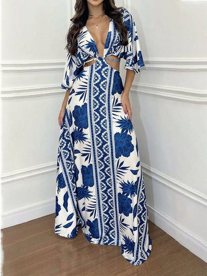 A-Line Cropped Contrast Color Knot Printed Split-Joint Deep V-Neck Maxi Dresses