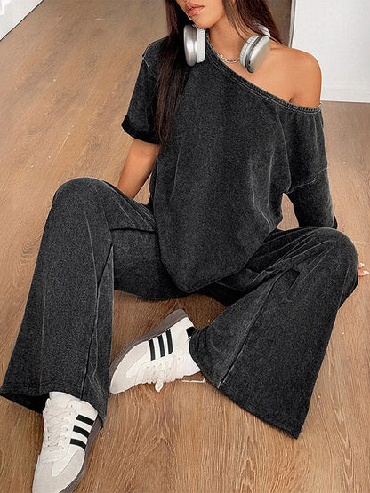 Loose Short Sleeves Solid Color One-Shoulder T-Shirt Top + Pockets Pants Bottom Two Pieces Set