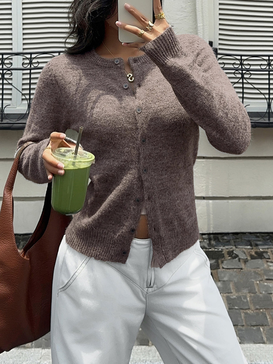 Solid Color Buttoned Long Sleeves Round-neck Cardigan Tops