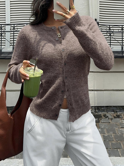 Solid Color Buttoned Long Sleeves Round-neck Cardigan Tops