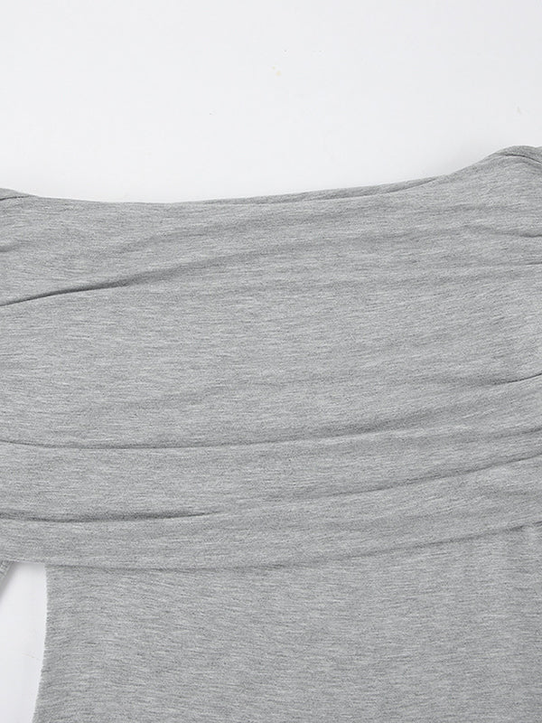 Robe de soirée longue à manches longues, plissée, moulante, couleur unie, fendue, épaules dénudées 