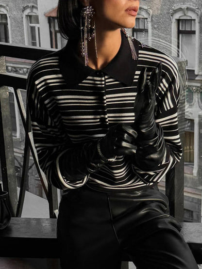 Long Sleeves Split-Joint Striped Lapel Sweater Tops