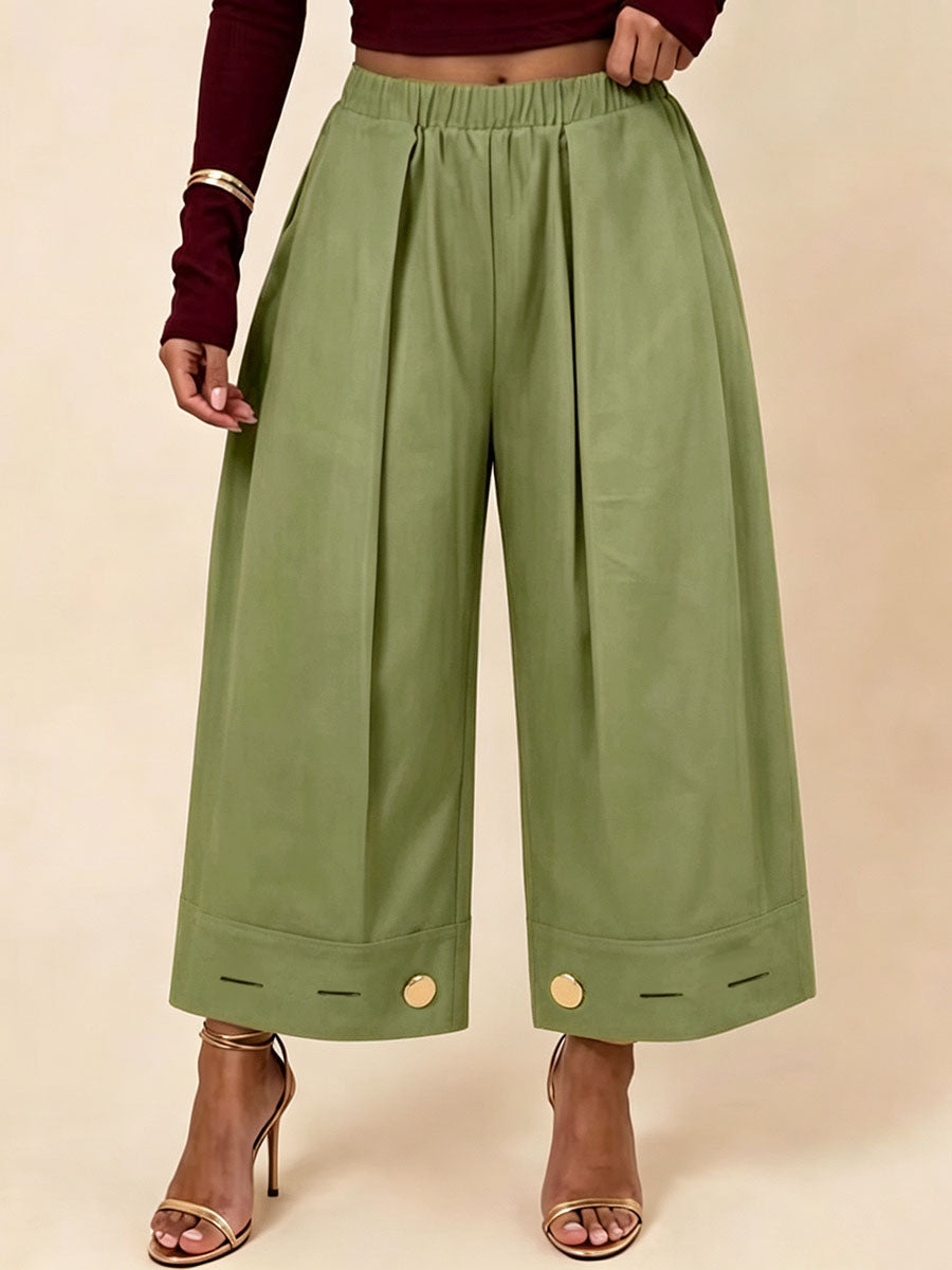 Solid Color Pockets Pleated Elasticity Buttoned Wide Leg Loose Trousers Pants